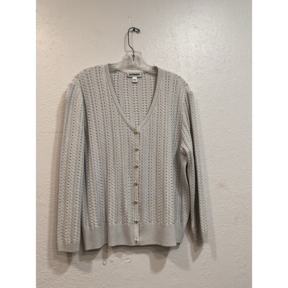 St John Sport Marie Gray Tan Gold Starfish Button Up Cardigan Wool Blend Sz L - Picture 3 of 7